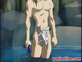 Naked anime porn dude showers his body under the moon
